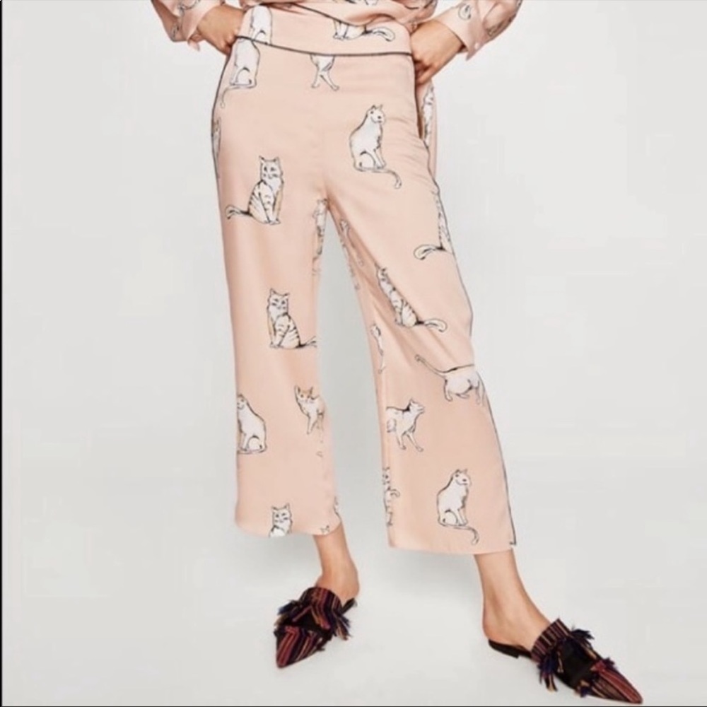ZARA Plush Pink Satin Cat Print Crop Pants Trousers